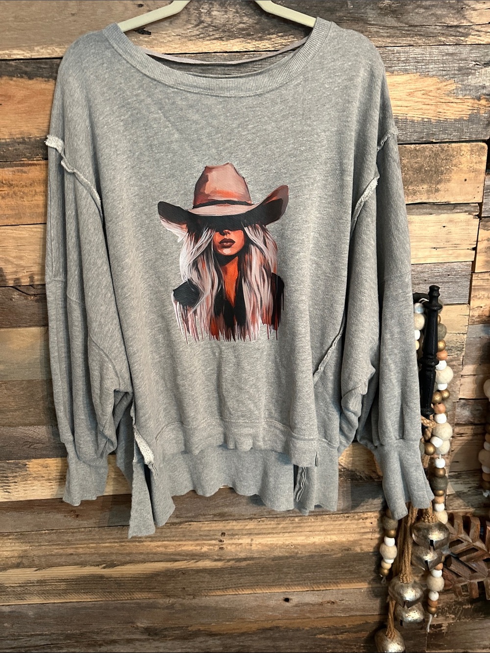 Free people Camden Grey Graphic Pullover Sweatshirt with Cowgirl Print